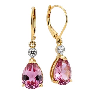 14k Yellow Gold Lever Back Hoop Earrings With Pink Topaz & Diamond Accents, A Pair For Sale