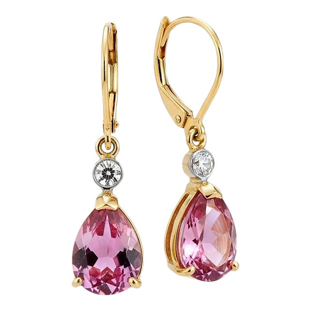 14k Yellow Gold Lever Back Hoop Earrings With Pink Topaz & Diamond Accents, A Pair For Sale