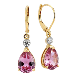 14k Yellow Gold Lever Back Hoop Earrings With Pink Topaz & Diamond Accents, A Pair
