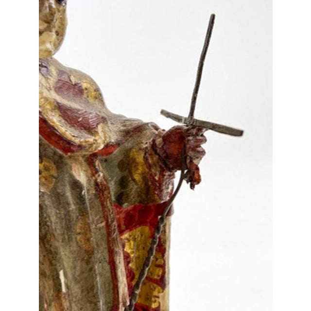 Antique Spanish Colonial Polychrome Carved Wood Bishop Saint Bulto With Glass Eyes, Circa 1800 For Sale - Image 9 of 10