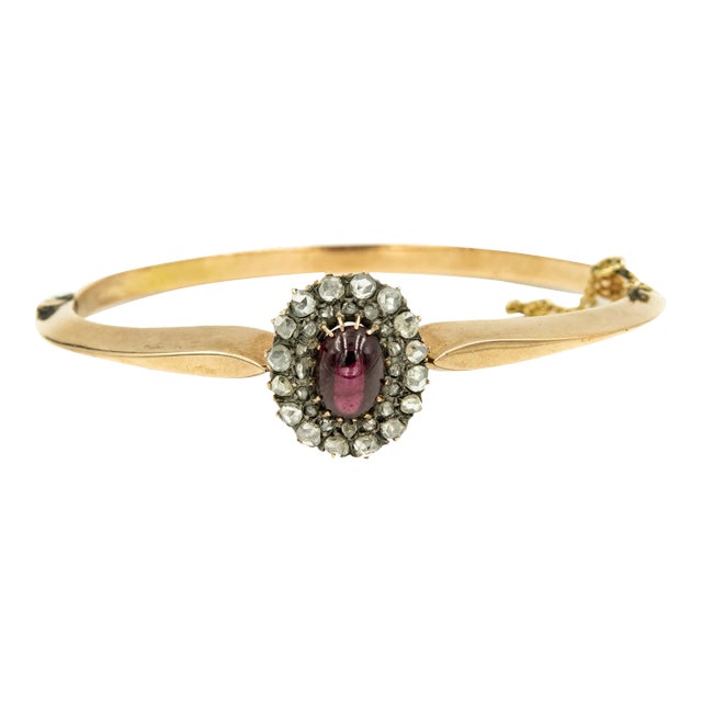 Antique Victorian Garnet Rose Cut Diamond Gold Bangle Bracelet For Sale