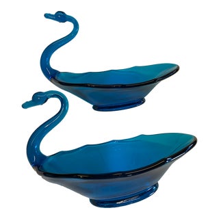 Late 20th Century Blue Glass Swan Dishes- Set of 2 For Sale