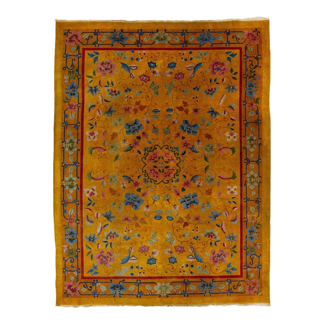 Antique 1920s Chinese Art Deco Rug in Goldenrod With Floral Motif For Sale