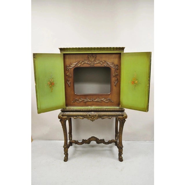 Antique French Renaissance Green Distress Painted Radio Cabinet Bar Cupboard For Sale - Image 4 of 14