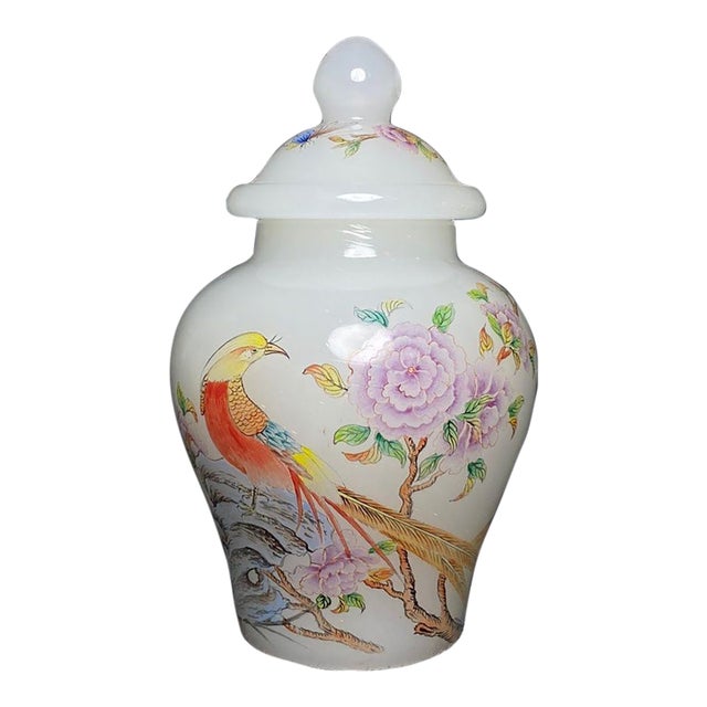 Small Chinese Hand-Painted Peking Glass Jar With Lid - Pheasant & Peony Motif For Sale
