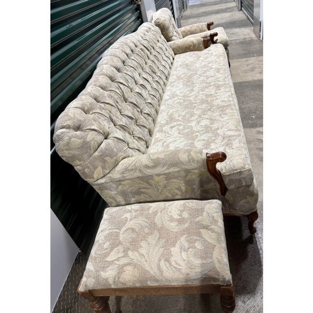 French Provincial Style Tufted Sofa, Chair and Footstool For Sale - Image 4 of 8