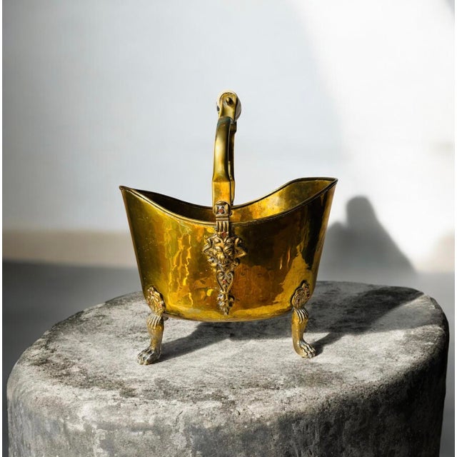 1940s Vintage Brass Bucket With Ceramic Handle Lion Head Claw Feet For Sale - Image 5 of 16