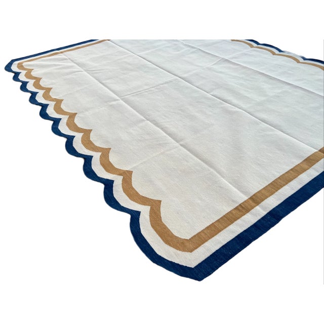 Textile Not Yet Made - Made To Order Handmade Cotton Vegetable Dyed Scalloped Rug Cream, Mustard and Navy Blue Border - 9'x12' For Sale - Image 7 of 11