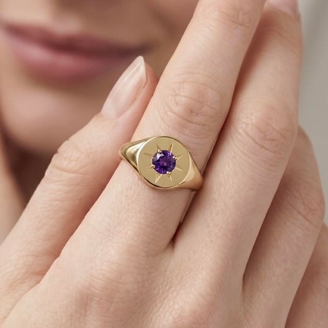 Contemporary Gold Starburst Amethyst Signet Ring | Oval Face Celestial Ring | Minimalist Chunky Unisex Ring Us 7 For Sale - Image 3 of 5