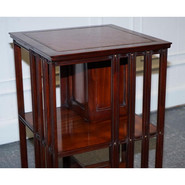 Revival Inlaid Revolving Bookcase End Table with Brown Aged Leather Top For Sale - Image 13 of 18