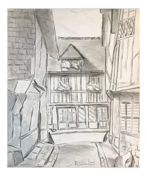 The Village - Original Pencil Drawing on Paper by M. Frouin Mid 1900