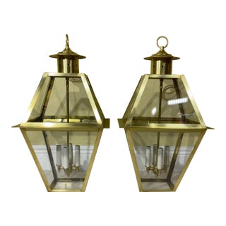 Pair of Four Sides Solid Brass Handcrafted Hanging Lanterns For Sale