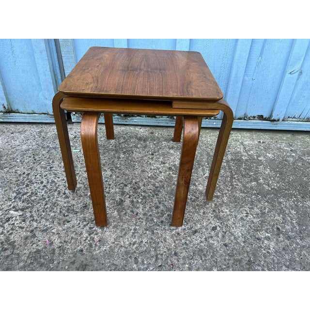 Alvar Aalto Style Pair Mid Century Danish Teak Side Tables. For Sale - Image 12 of 12