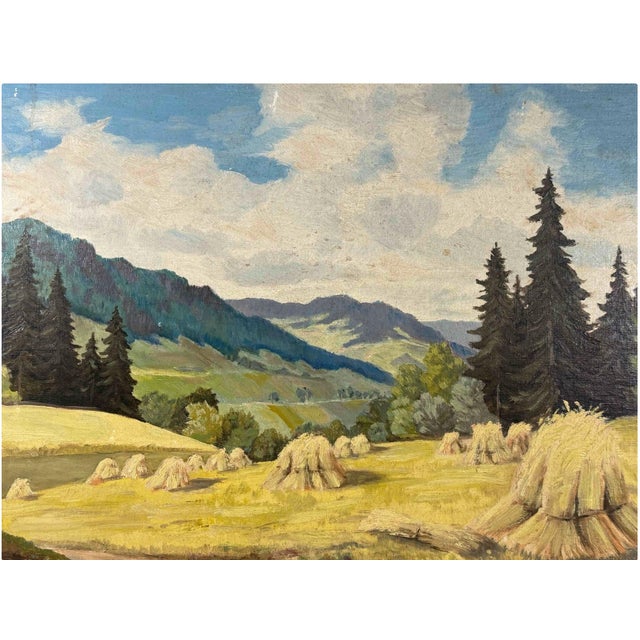 A striking and expansive 1959 mid-century original landscape oil painting on board capturing a tranquil country road...