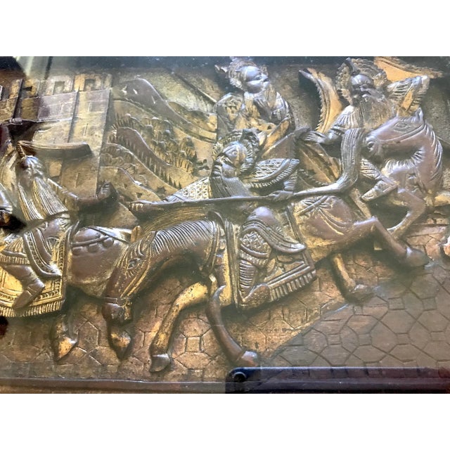 19th Century Antique Framed Chinese Carved Gilt Wood Warriors on Horseback Wall Panel or Fragment For Sale - Image 4 of 7