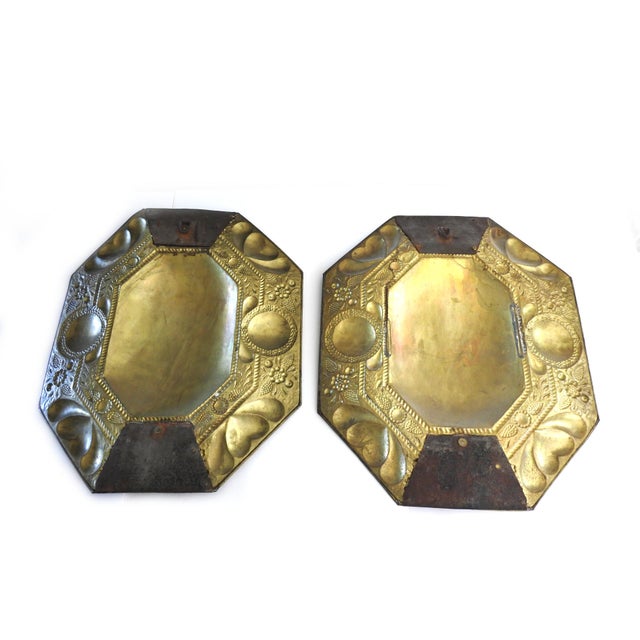 19th Century Dutch Revival Repoussé Brass Octagonal Wall Plaques - A Pair For Sale - Image 4 of 14