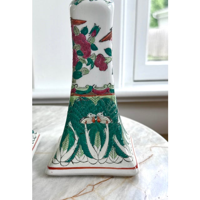 Late 20th Century Vintage Chinese Famille Verte Bok Choy Porcelain Candlestick Holders - A Pair For Sale - Image 5 of 14