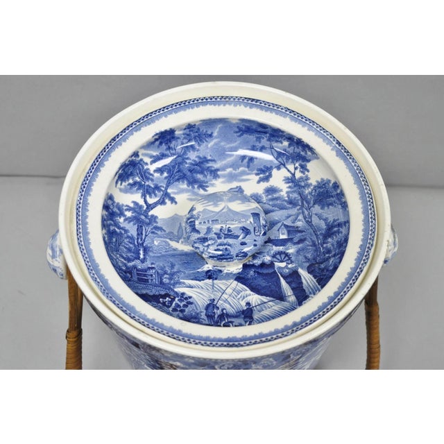 Traditional Late 19th Century Wedgwood Landscape Etruria Pattern Blue White Porcelain Covered Slop Pot Commode For Sale - Image 3 of 17