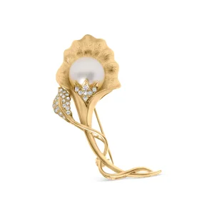 18K Yellow Gold 2/5 Cttw Diamond and 12MM Cultured South Sea Pearl Flower Pin Brooch (G-H Color, VS1