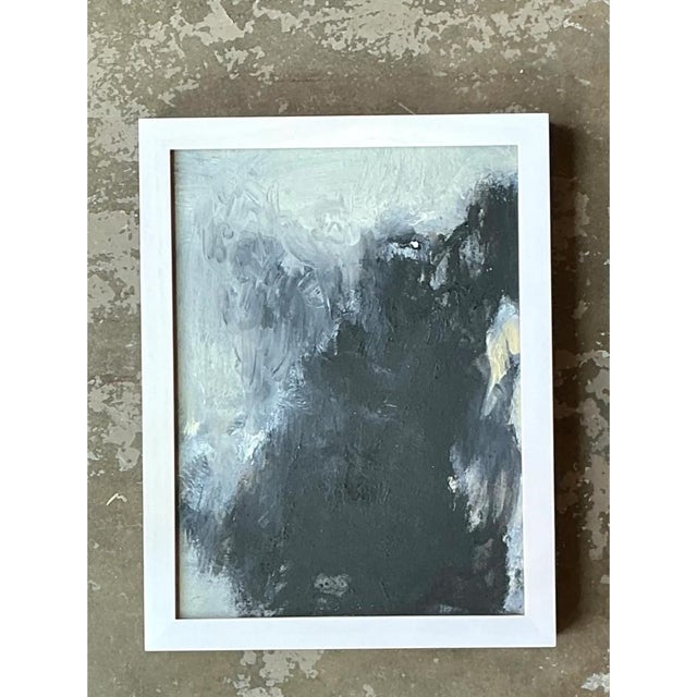 This vintage abstract expressionist painting presents a moody, atmospheric composition built almost entirely from thick,...