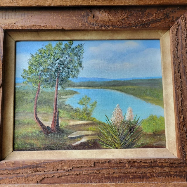 Plastic Vintage Original Acrylic Framed Still Life Painting Landscape Serene Yucca Trees River For Sale - Image 7 of 18