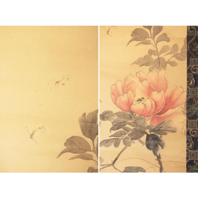 Late 19th Century "Peony Flower and Butterflies" by Kawabata Gyokusho, Meiji Era Japanese Silk Scroll Painting For Sale - Image 5 of 16