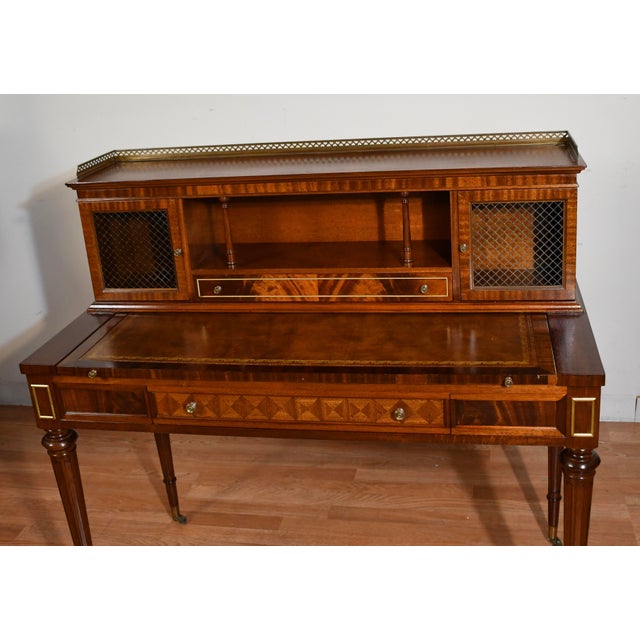 1930s Wieman Hepplewhite Style Leather Top Mahogany Inlaid Writing Desk With Bookcase For Sale - Image 11 of 18