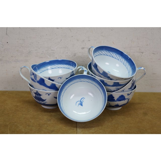 Ceramic 46 Pc Vintage Chinese Export Canton Blue & White Porcelain Pagoda Dinnerware Set For Sale - Image 7 of 15