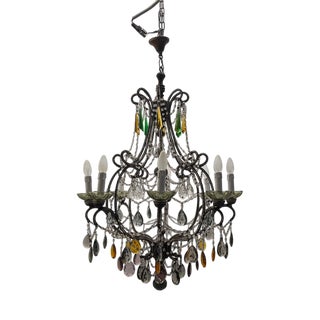 Large Macaroni Crystal Multicolored Chandelier, 1950s For Sale