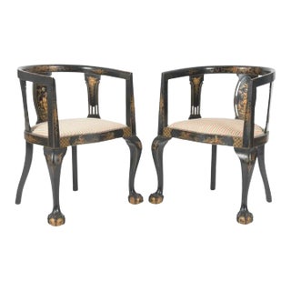 Chinoiserie Ebonized Gilt Accent Clawfoot Tub Armchairs, Pair For Sale