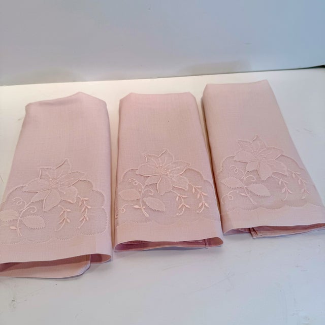 Traditional Three Vintage Pale Pale Pink Madeira Linen & Organza Fingertip Towels For Sale - Image 3 of 7