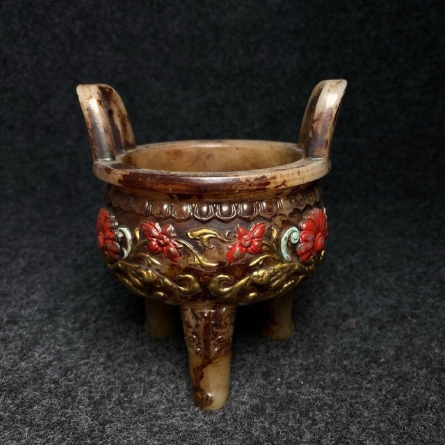 Vintage Chinese Archaic-Style Stone Censer With Twin Handles and Floral Relief Carvings For Sale - Image 9 of 9