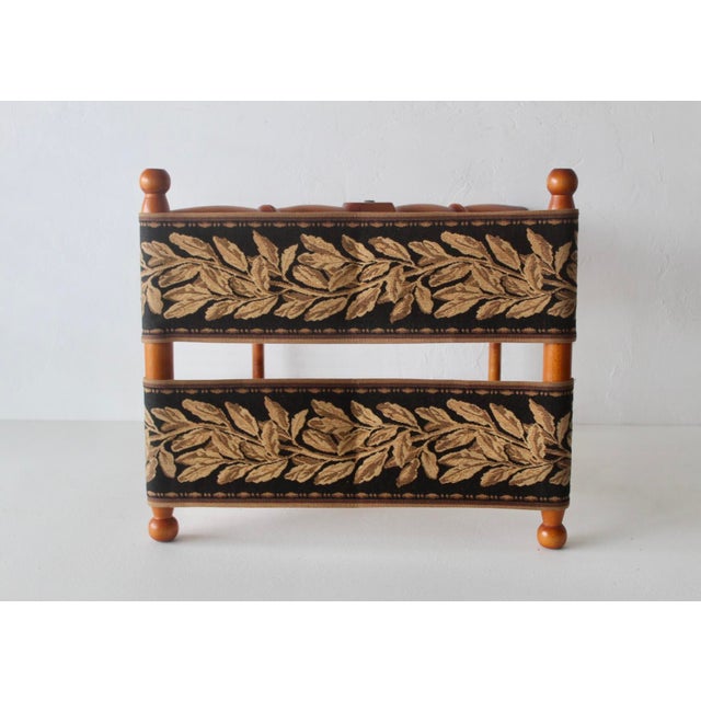 Vintage French Beechwood and Tapestry Folding Luggage Rack Nailhead Detail For Sale - Image 14 of 18