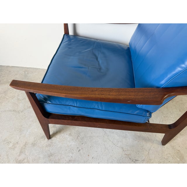 Mid Century Ib Kofod Larsen Style Scandinavian Lounge Chair With Blue Leather Cushions For Sale - Image 11 of 18