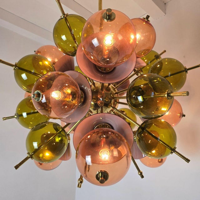 1990s Mid Century Modern Glass and Brass Sputnik Chandelier, Italy For Sale - Image 4 of 13