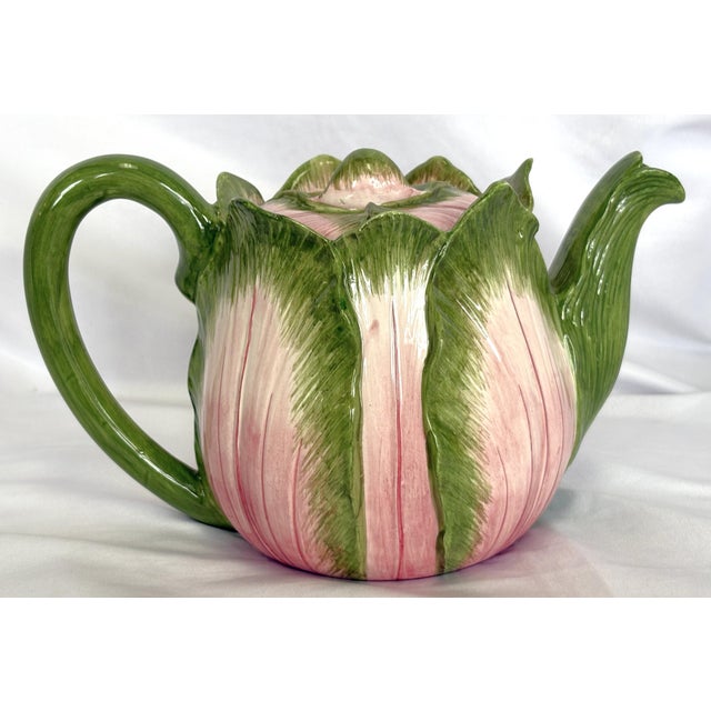 Vintage Majolica Cabbage Ceramic Tea Pot With Lid Made in Italy For Sale - Image 9 of 17