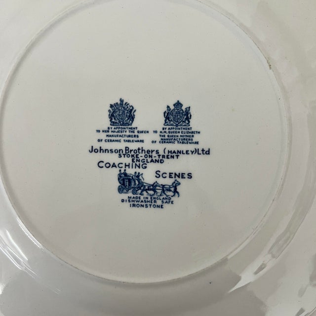 French Country Johnson Brothers Coaching Scenes Equestrian Theme Blue White Plate Made in England For Sale - Image 3 of 3
