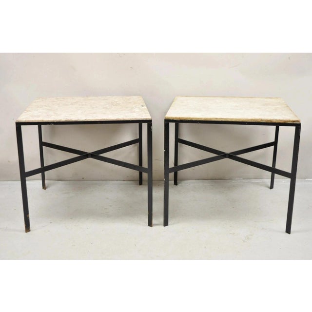 Vintage Mid Century Modern Paul McCobb Style Wrought Iron and Marble Square Side Tables - a Pair. Tables feature square...