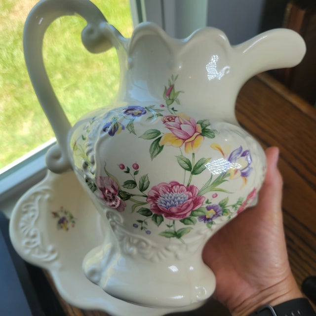 VTG 1930s British Ceramic Pitcher & Wash Basin Bowl Set Floral Rose Art Deco Era For Sale - Image 11 of 12