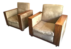 Set of Art Deco Club Armchairs in Alcantara & Walnut, 1930