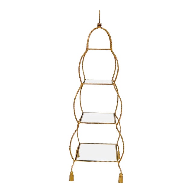 Four Tier Glass Shelves Twisted Metal Rope Square Étagère Shelf Display Unit For Sale