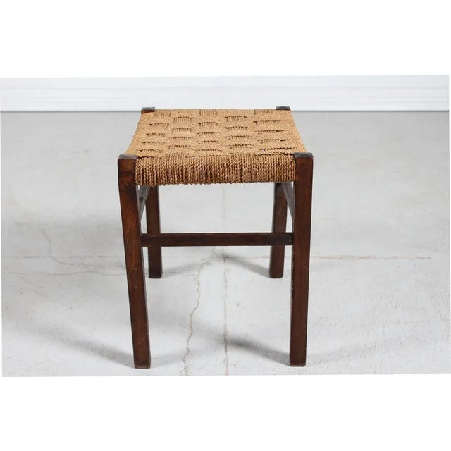 Wabi Sabi Stool in Dark Stained Wood with Plaited Cord, 1950s For Sale - Image 3 of 9