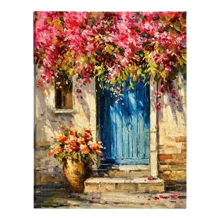 Original Coastal Doorway Oil Painting by Eric Sam — Architectural Seaside Scene, 12 × 16 For Sale
