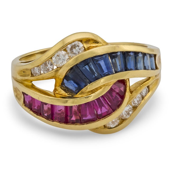 Modern Vintage Ruby Sapphire Diamond 18k Yellow Gold Cocktail Ring, Size 6.75 For Sale - Image 3 of 8
