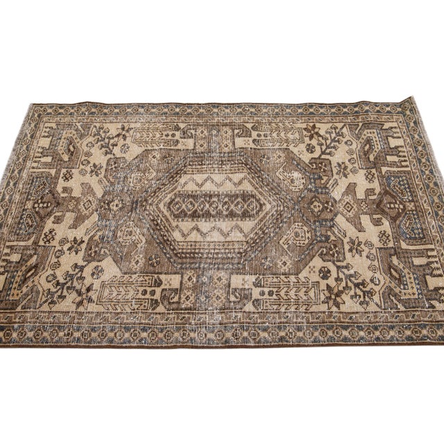 1960s 1960s Vintage Persian Distressed Handmade Tribal Beige Wool Rug For Sale - Image 5 of 7