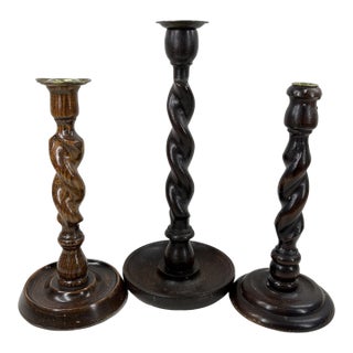 Set of 3 Vintage English-Style Barley Twist Wood Candlesticks For Sale