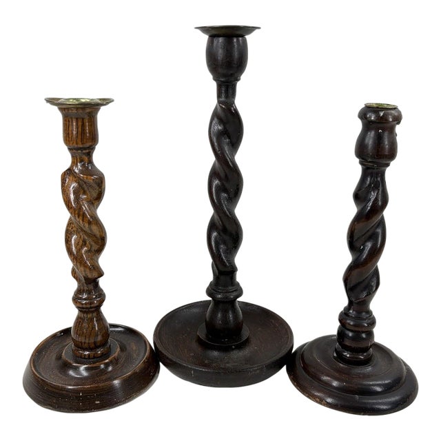 Set of 3 Vintage English-Style Barley Twist Wood Candlesticks For Sale