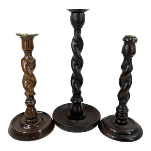 Set of 3 Vintage English-Style Barley Twist Wood Candlesticks