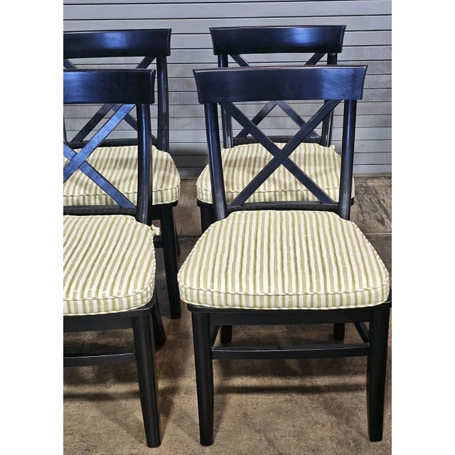 Set of 6 Pottery Barn Black X Back Dining Chairs With Green Striped Padded Seats For Sale In Cleveland - Image 6 of 13