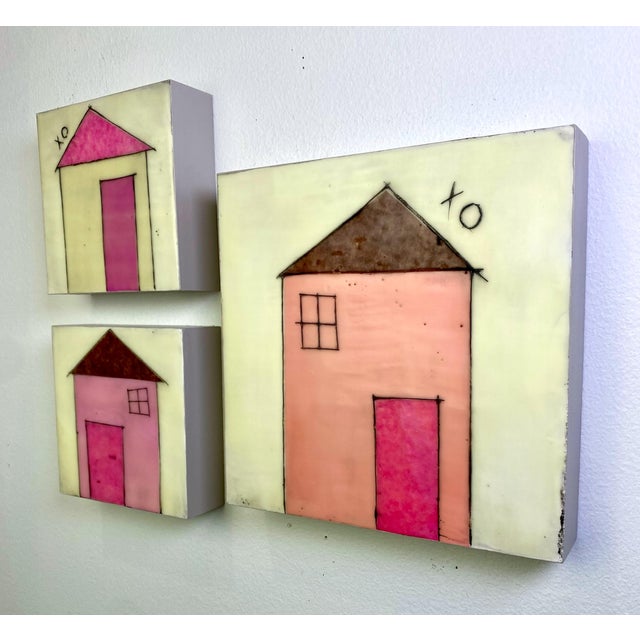 2020s Encaustic Collage Installation by Gina Cochran - Little Pink Houses - "Tiny Dwellings" Series - Set of 3 For Sale - Image 5 of 5